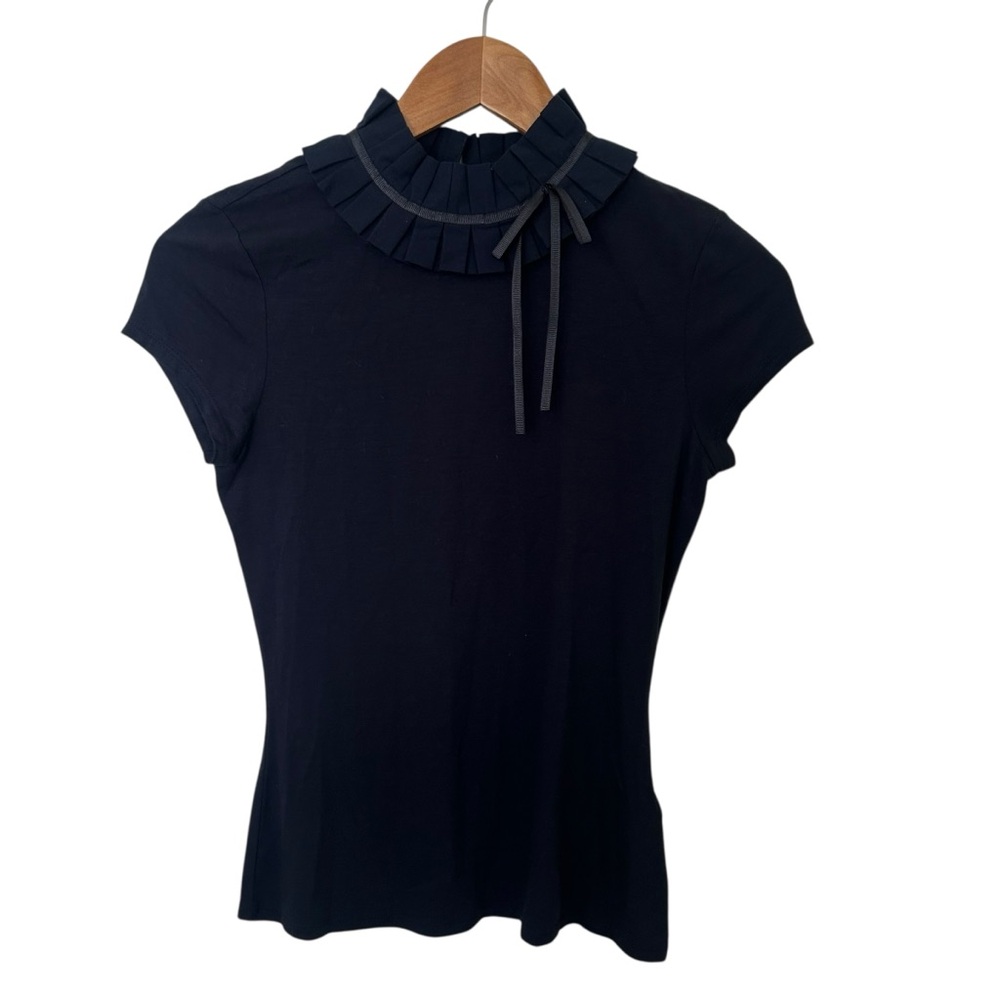 NWT Ted Baker Navy Blue Ruffle Collar Short Sleeve Blouse Top Size 0 (US 2)